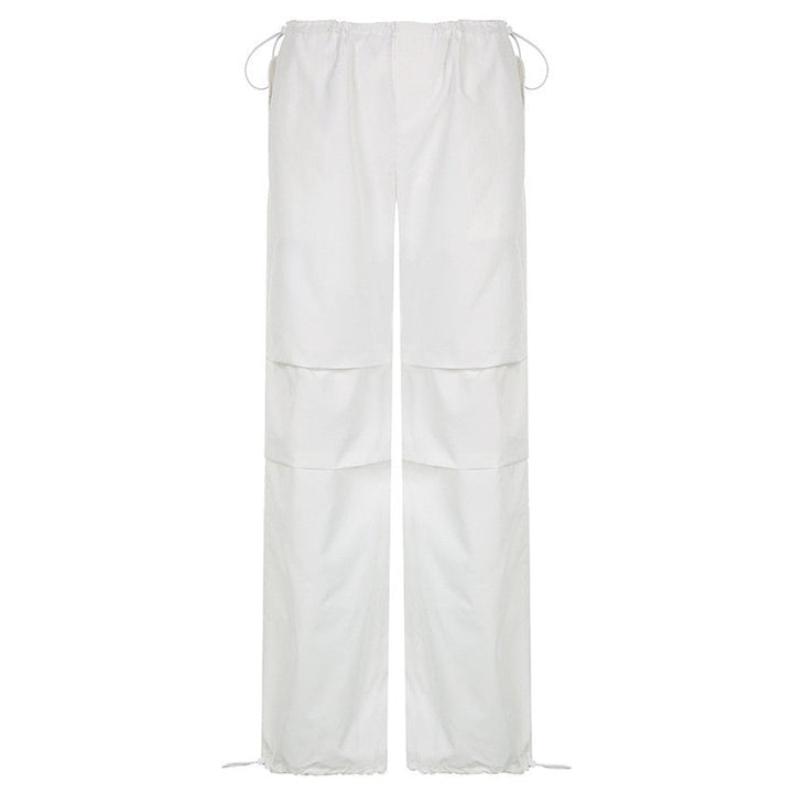 Weiße Damenhose, weites Bein, Kordelzug, Baumwolle, modisch, bequem, Sommerkleidung.