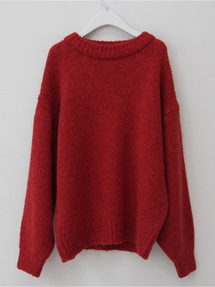 Roter Damenpullover aus Wolle, langärmelig, gemütlich, modisch, Herbst-Winter-Kleidung.