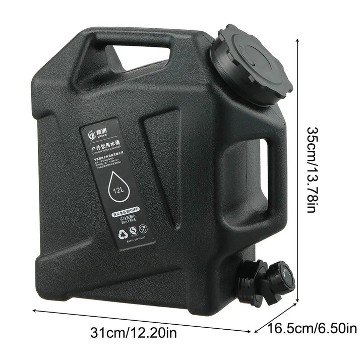Schwarzer 12L Wasserkanister aus Kunststoff mit Griff und Schraubverschluss, Outdoor-Camping.