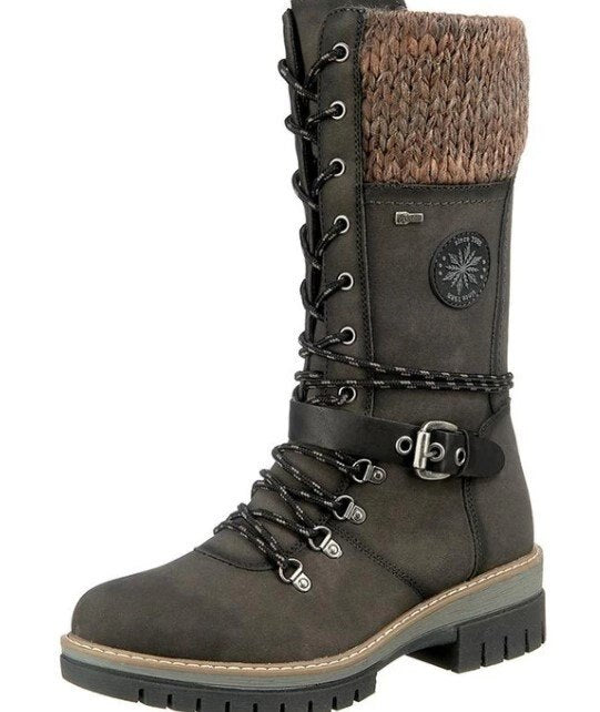 Damen Winterstiefel, braun, Leder, Schnürung, Strickkragen, rutschfeste Sohle, warm gefüttert.