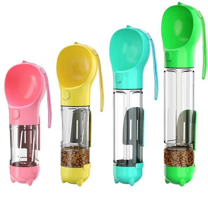 Bunte tragbare Hundewasserflasche mit Futterbehälter, ideal für unterwegs.