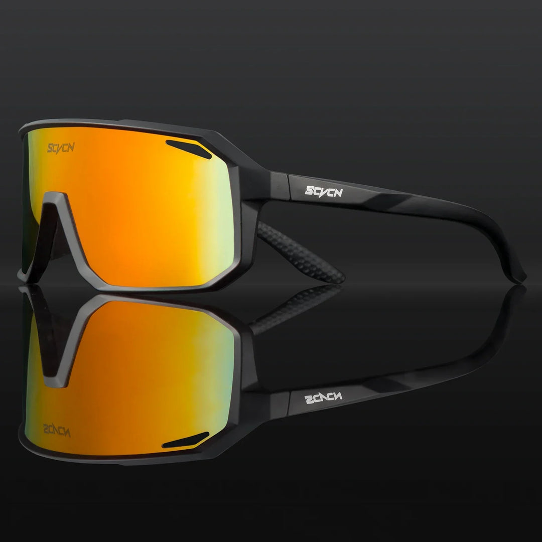 Schwarze Sportsonnenbrille mit orange verspiegelten Gläsern, ideal für Radfahren und Outdoor.