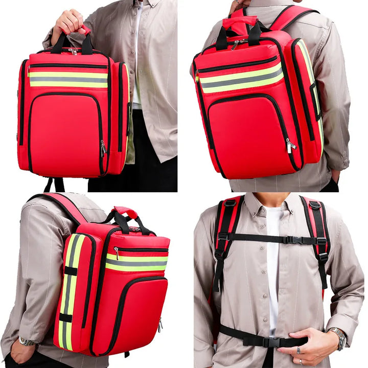 Roter Rucksack mit gelben Streifen, multifunktional, ideal für Reisen und Schule.