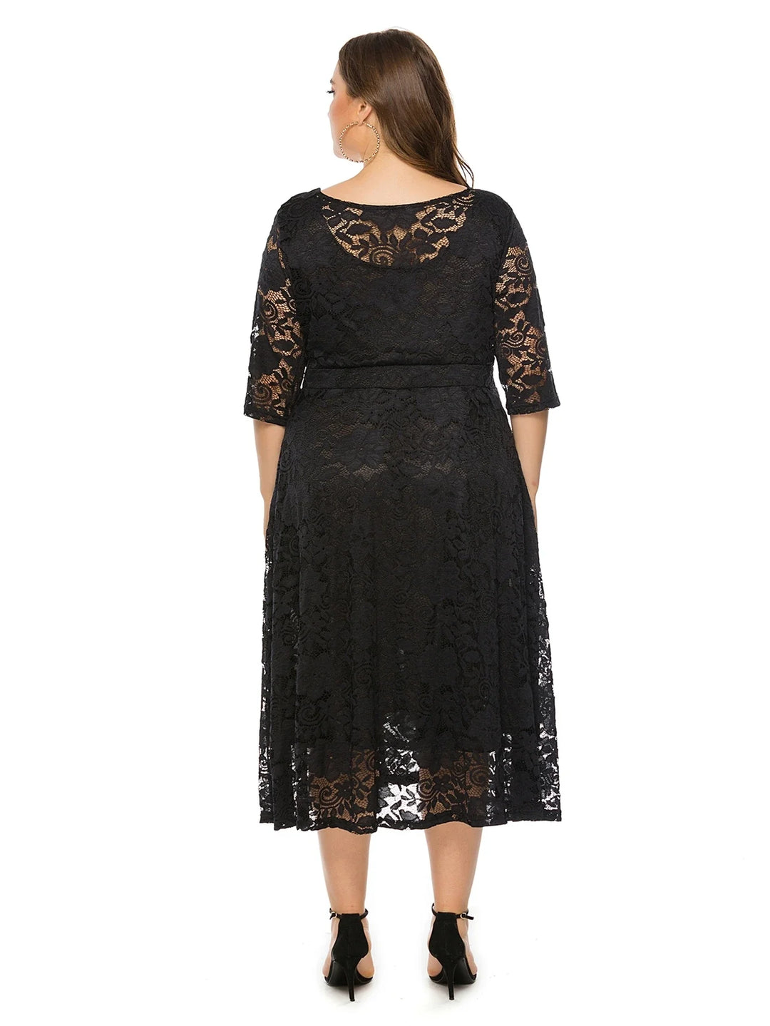 Damenkleid aus schwarzer Spitze, knielang, mit 3/4-Ärmeln, elegantes Abendkleid, Plus Size.