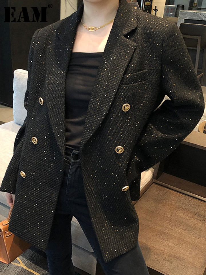 Damen Blazer Schwarz, Doppelreiher, Goldknöpfe, Elegante Damenmode, Herbst Winter Outfit