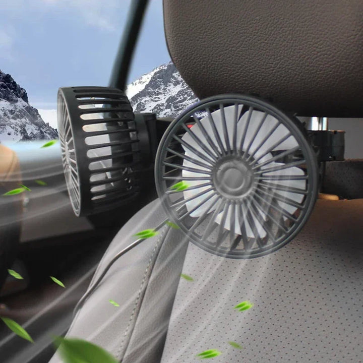 Přenosný USB dvouhlavý autoventilátor, otočný o 360° s 3 rychlostmi – CoolBreeze