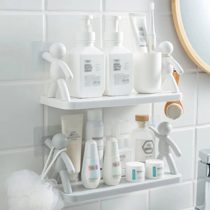 Wandregal Badezimmer weiß, Kunststoff, mit Pflegeprodukten, Zahnbürstenhalter, modern.