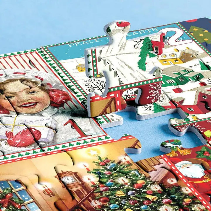 Weihnachtspuzzle mit Vintage-Design, bunte Teile, festliche Motive, Kinder und Weihnachtsbaum.