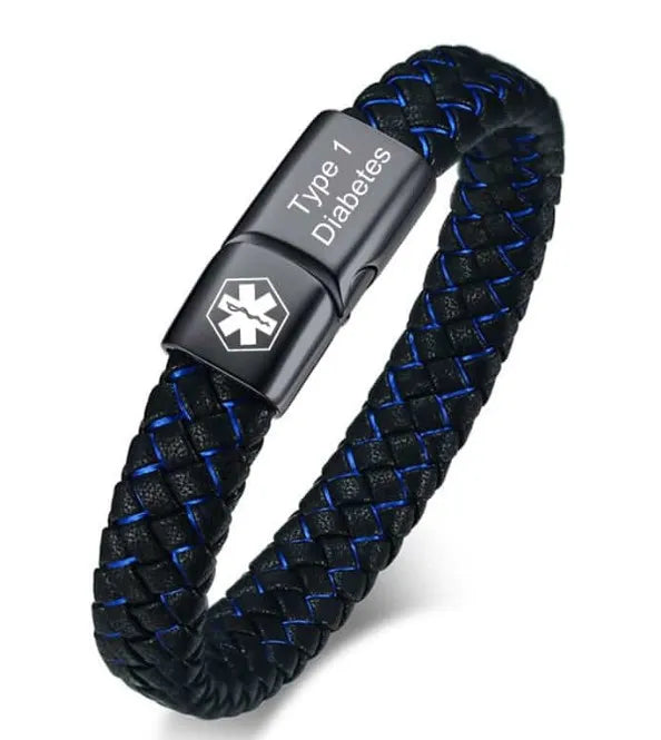 Schwarzes geflochtenes Armband mit Typ-1-Diabetes-Medizinanhänger, Edelstahl, Herrenaccessoire.