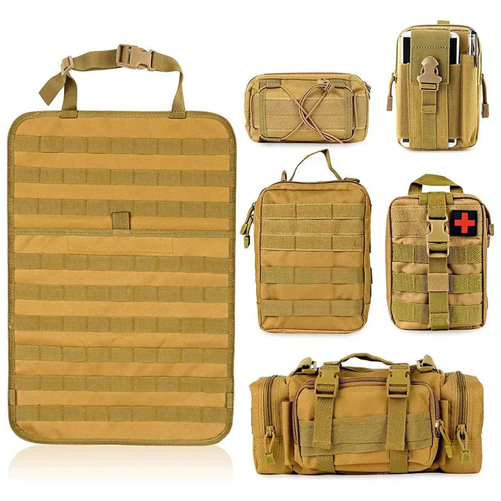 Taktisches Molle-Taschen-Set, khaki, vielseitig, robust, für Outdoor-Aktivitäten und Camping.