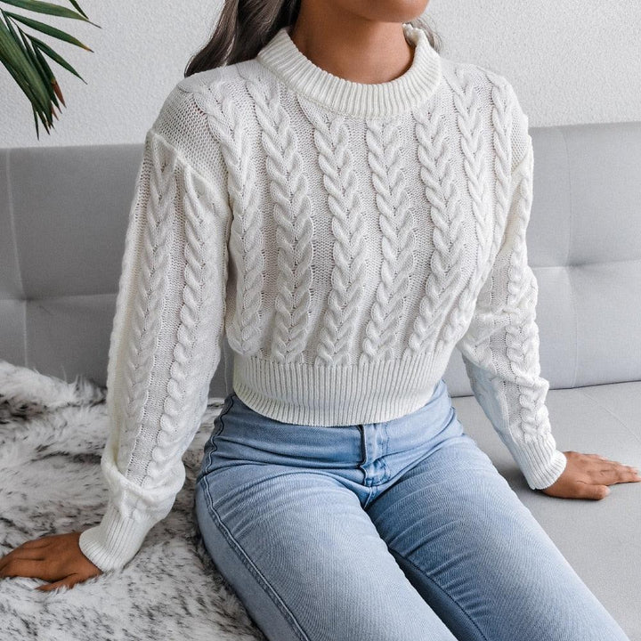 Damen Pullover Zopfmuster weiß, Strick, langärmelig, modisch, bequem, Herbstmode.
