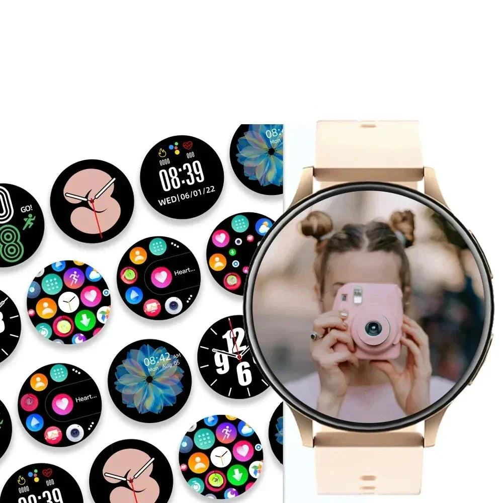 Smartwatch mit rosa Armband, runden Zifferblättern, Fitness-Tracking, Herzfrequenzmesser.