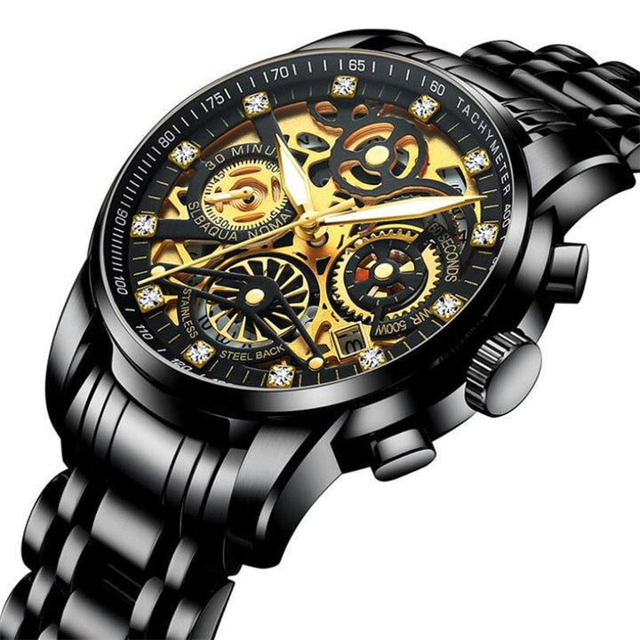Luxus Herrenarmbanduhr, schwarz, skelettiertes Zifferblatt, Automatik, Edelstahlarmband