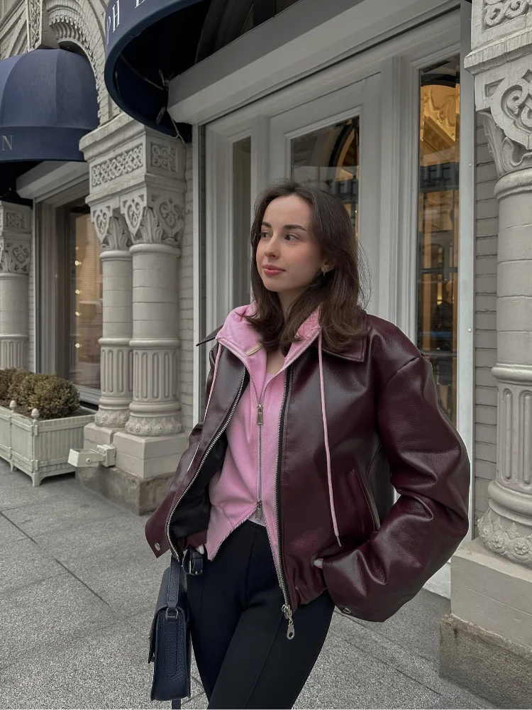 Hnědá kožená dámská bunda s klopovým límcem – Giulia