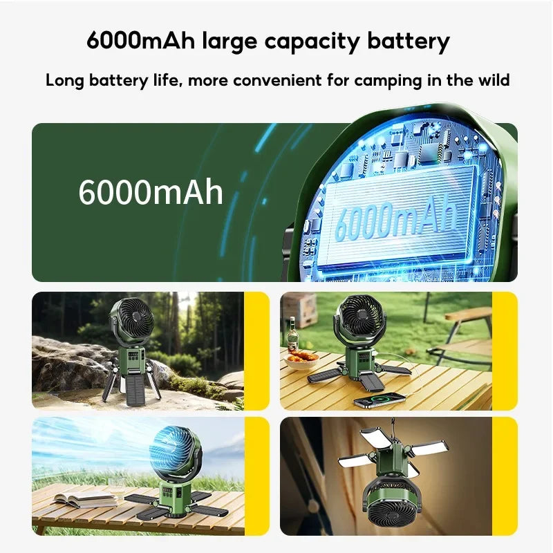 Solární ventilátor pro kempování s baterií 6000 mAh, LED světlem a 4stupňovým nastavením rychlosti – SunBreeze