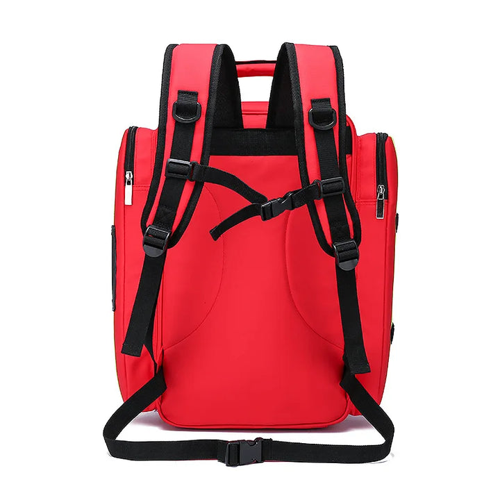 Roter Rucksack mit schwarzen Riemen, wasserdicht, ideal für Reisen und Schule.
