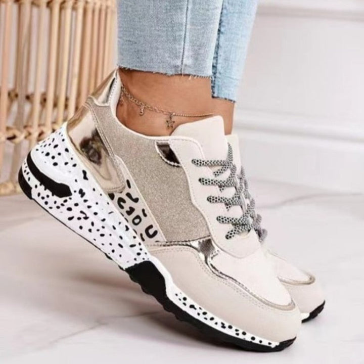 Damen-Sneaker beige-gold, Glitzer, gepunktete Sohle, modisch, bequem, Freizeitschuh.