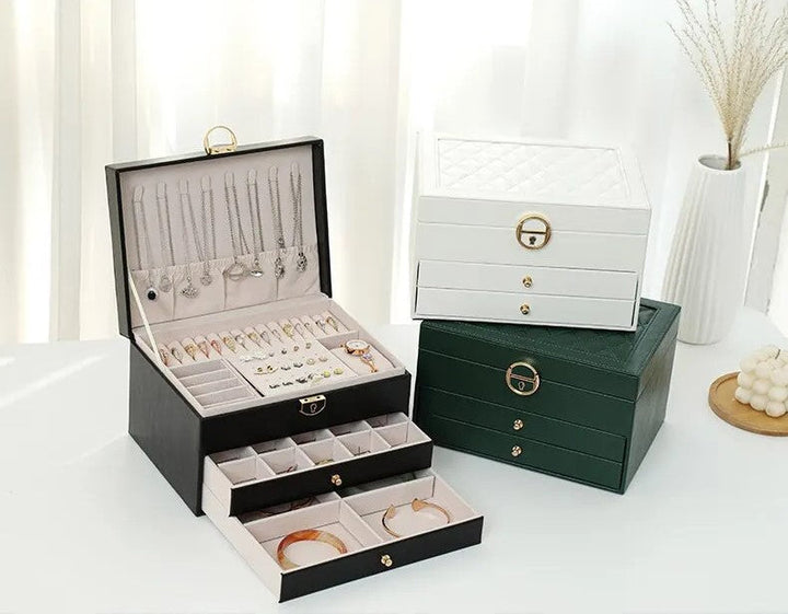Schmuckkästchen Set, Leder, grün und weiß, mit Schubladen, für Schmuckaufbewahrung, elegant.