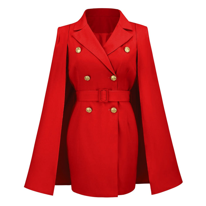 Roter Damen-Cape-Blazer mit goldenen Knöpfen, elegantes Design, modische Oberbekleidung.