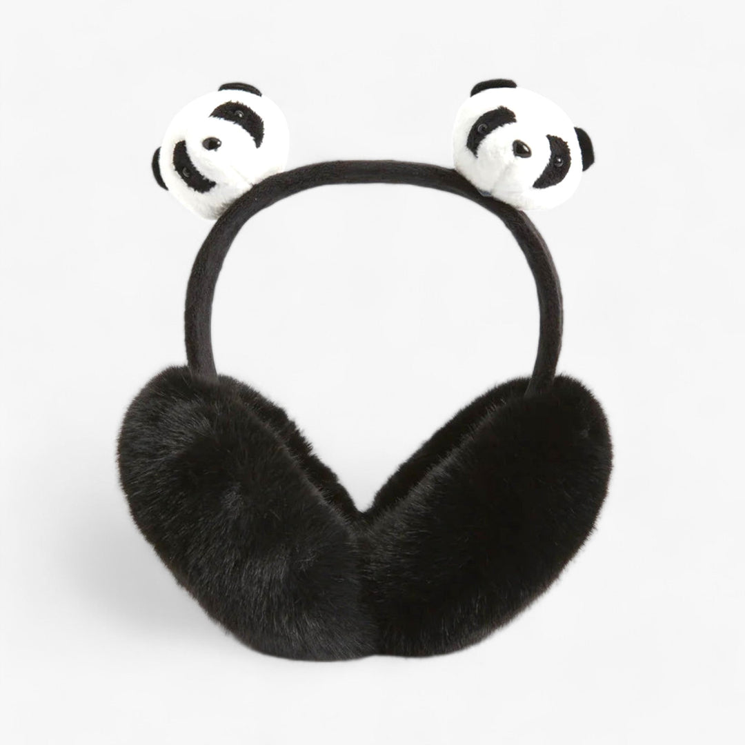 Schwarze Plüsch-Ohrenschützer mit Panda-Design, warm, modisch, Winteraccessoire.