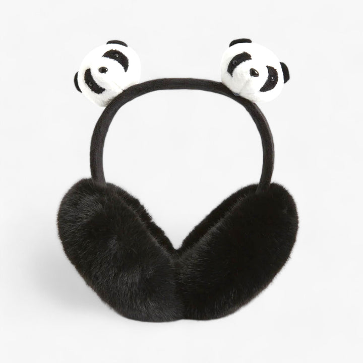 Schwarze Plüsch-Ohrenschützer mit Panda-Design, warm, modisch, Winteraccessoire.