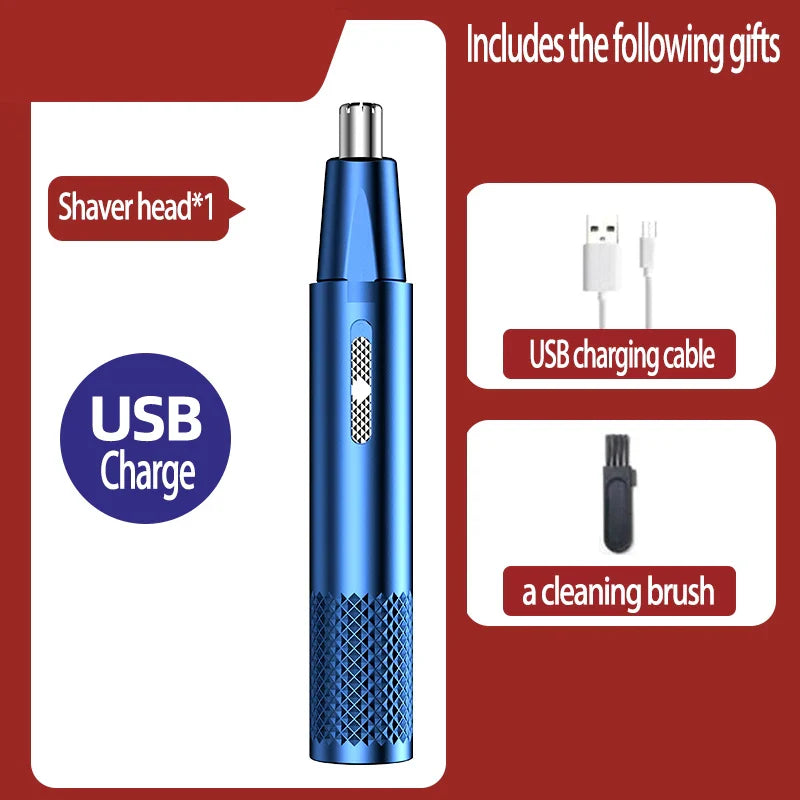 Blauer Nasenhaartrimmer USB aufladbar mit Zubehör: Ladekabel, Reinigungsbürste, Ersatzkopf.