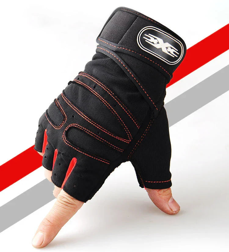 Schwarzer taktischer Handschuh mit roter Naht, gepolstert, für Outdoor-Aktivitäten.