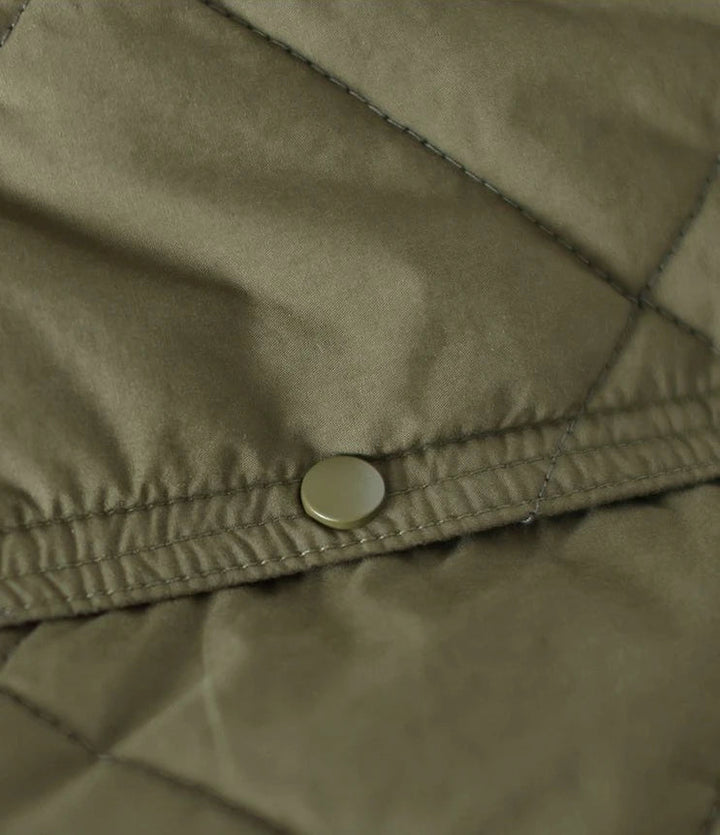 Olivgrüne Steppjacke, Detailansicht, Knopfverschluss, Outdoor-Bekleidung, modisch, warm.