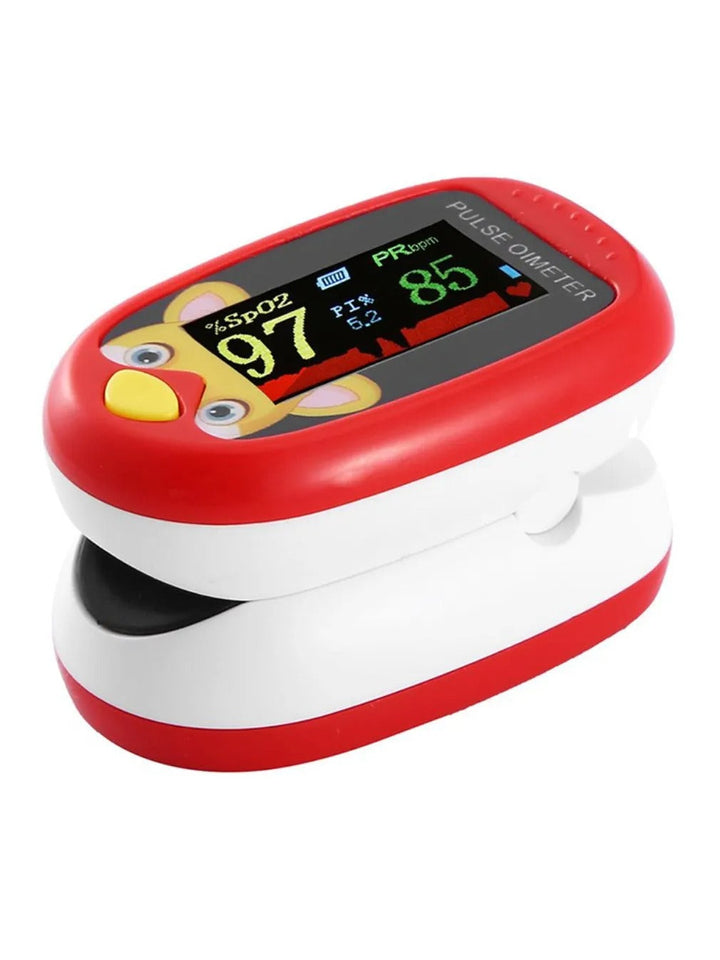 Rotes Fingerpulsoximeter, digitales Display, misst Sauerstoffsättigung und Pulsfrequenz.