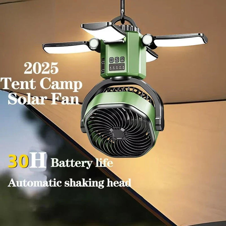 Solární ventilátor pro kempování s baterií 6000 mAh, LED světlem a 4stupňovým nastavením rychlosti – SunBreeze