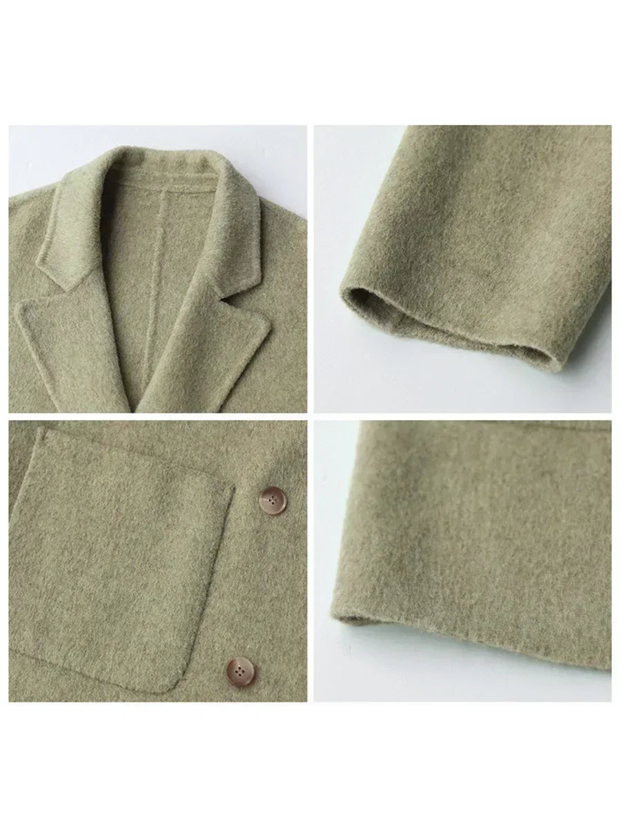Grüner Wollmantel für Damen, elegantes Design, Knöpfe, Taschen, Herbstmode.