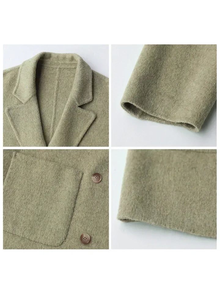 Grüner Wollmantel für Damen, elegantes Design, Knöpfe, Taschen, Herbstmode.