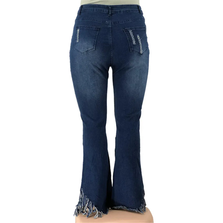 Damen Schlagjeans, dunkelblau, Fransen, hohe Taille, modisch, bequem, Denim-Hose.