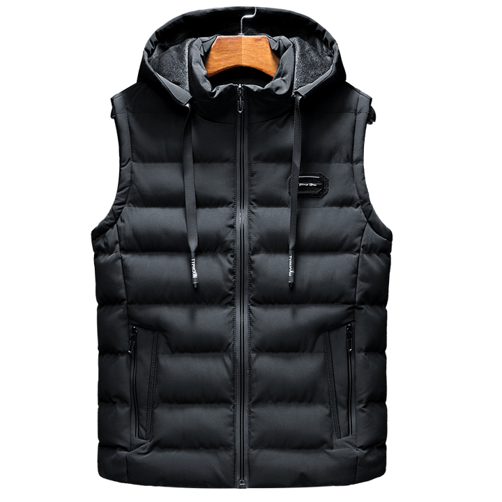 Schwarze Herren-Daunenweste mit Kapuze, Reißverschluss, warm, modisch, Winterbekleidung.