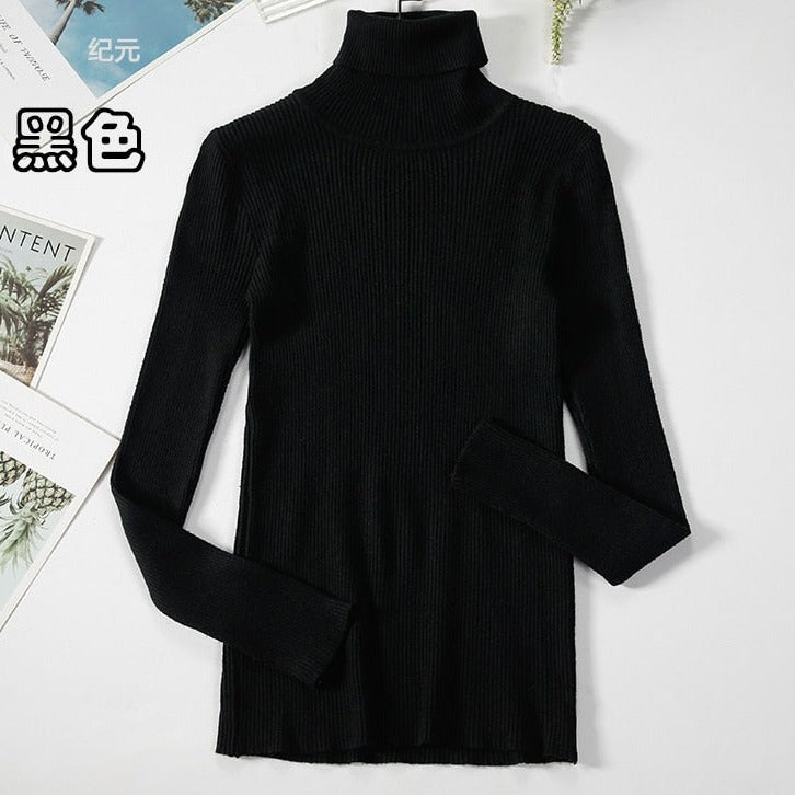 Schwarzer Rollkragenpullover Damen, langärmelig, gerippt, elegant, Herbstmode.