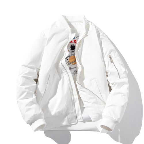 Weiße Bomberjacke, Reißverschluss, Baumwolle, lässig, Herrenmode, Streetwear, modisch.