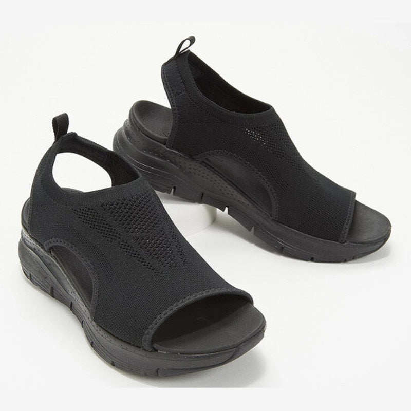 Schwarze Damen-Sandalen, atmungsaktiv, rutschfest, mit Keilabsatz, ideal für Sommer.