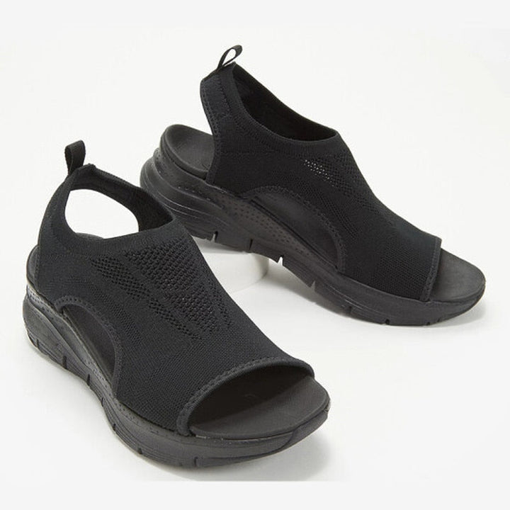 Schwarze Damen-Sandalen, atmungsaktiv, rutschfest, mit Keilabsatz, ideal für Sommer.
