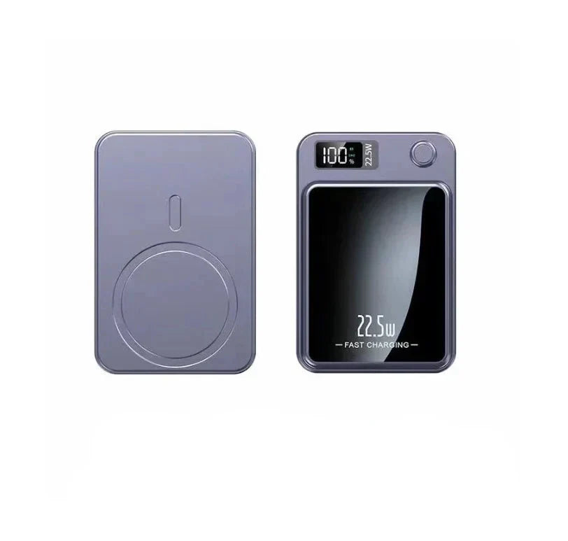 Graue Powerbank mit LED-Anzeige, 22.5W Schnellladung, kabelloses Laden, tragbar.