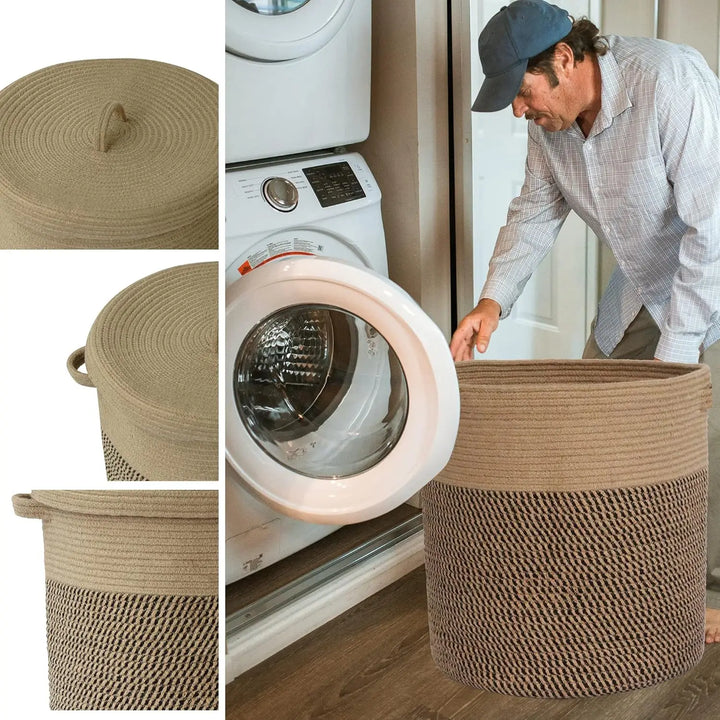 Pletený bavlněný koš na prádlo a úložný koš s víkem 60 l – Amara
