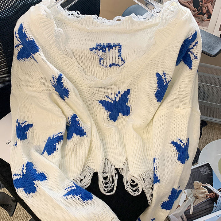 Weißer Strickpullover mit blauen Schmetterlingen, V-Ausschnitt, Fransen, Damenmode, Baumwolle.