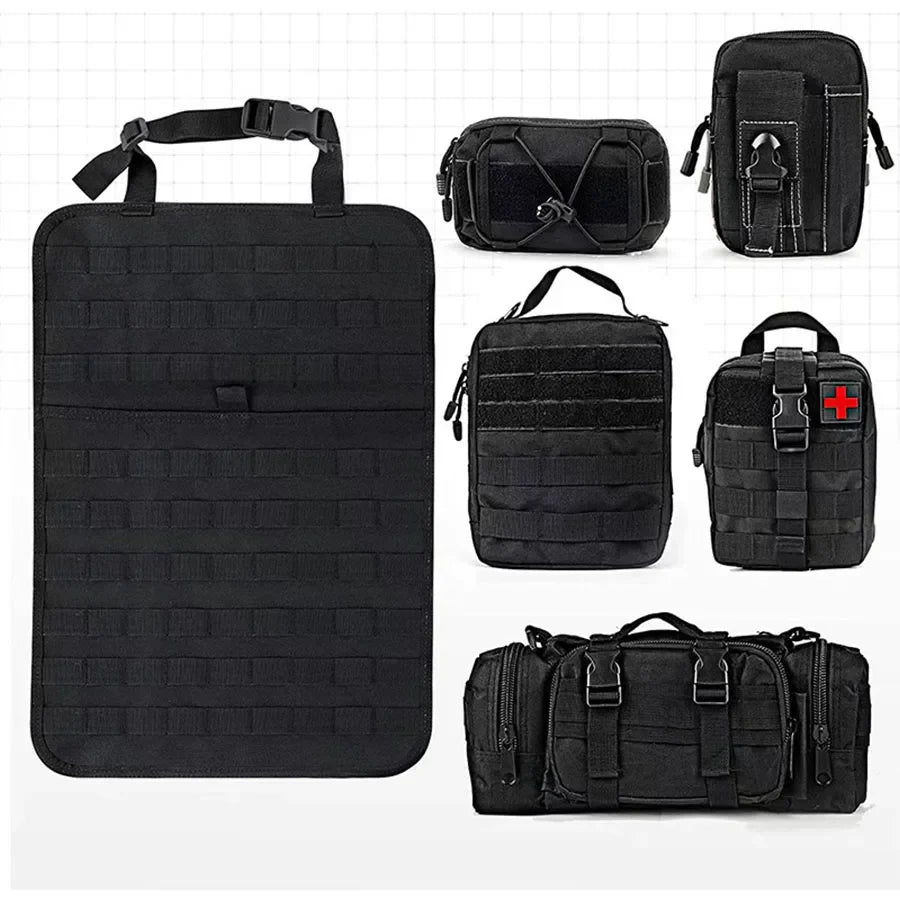 Schwarze taktische Taschen und Organizer-Set, robustes Nylon, vielseitig einsetzbar, MOLLE-kompatibel.