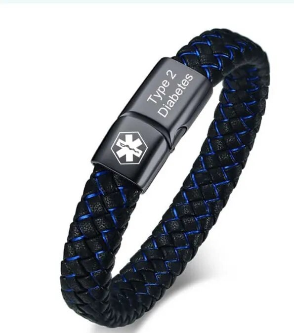 Schwarzes geflochtenes Armband mit Typ-2-Diabetes-Gravur, Edelstahlverschluss.