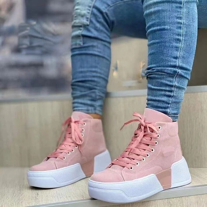 Rosa Damen-Sneaker mit Plateau, Wildleder, hohe Sohle, modisch, bequem, Freizeitmode.