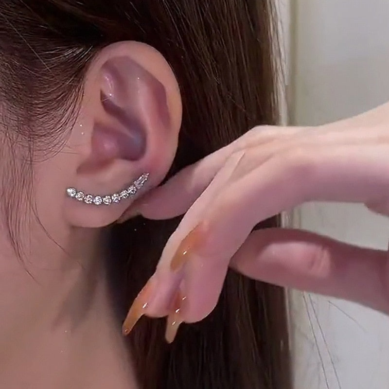 Ohrring mit Strasssteinen, elegant, silberfarben, an Ohr getragen, Nahaufnahme, Schmuckaccessoire