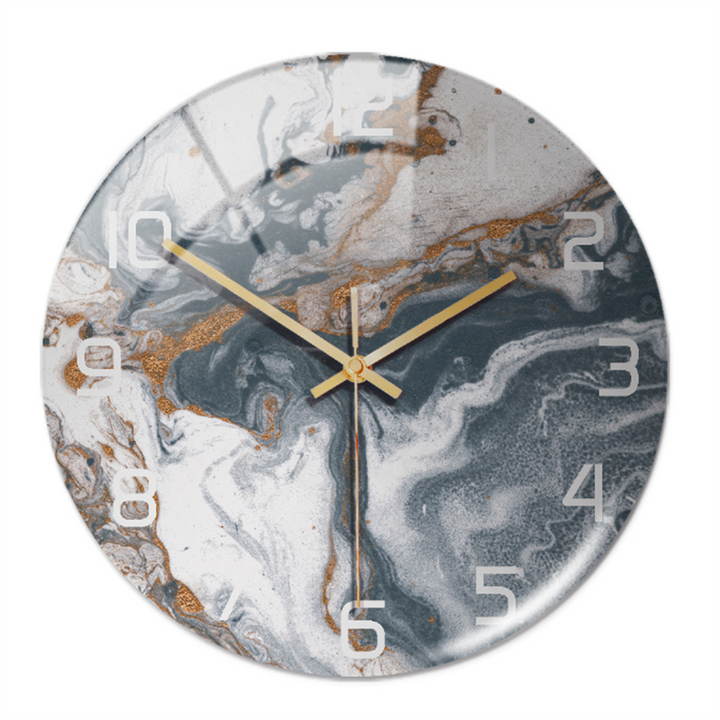 Runde Wanduhr mit Marmor-Design, goldene Zeiger, moderne Dekoration, Wohnzimmer-Uhr.