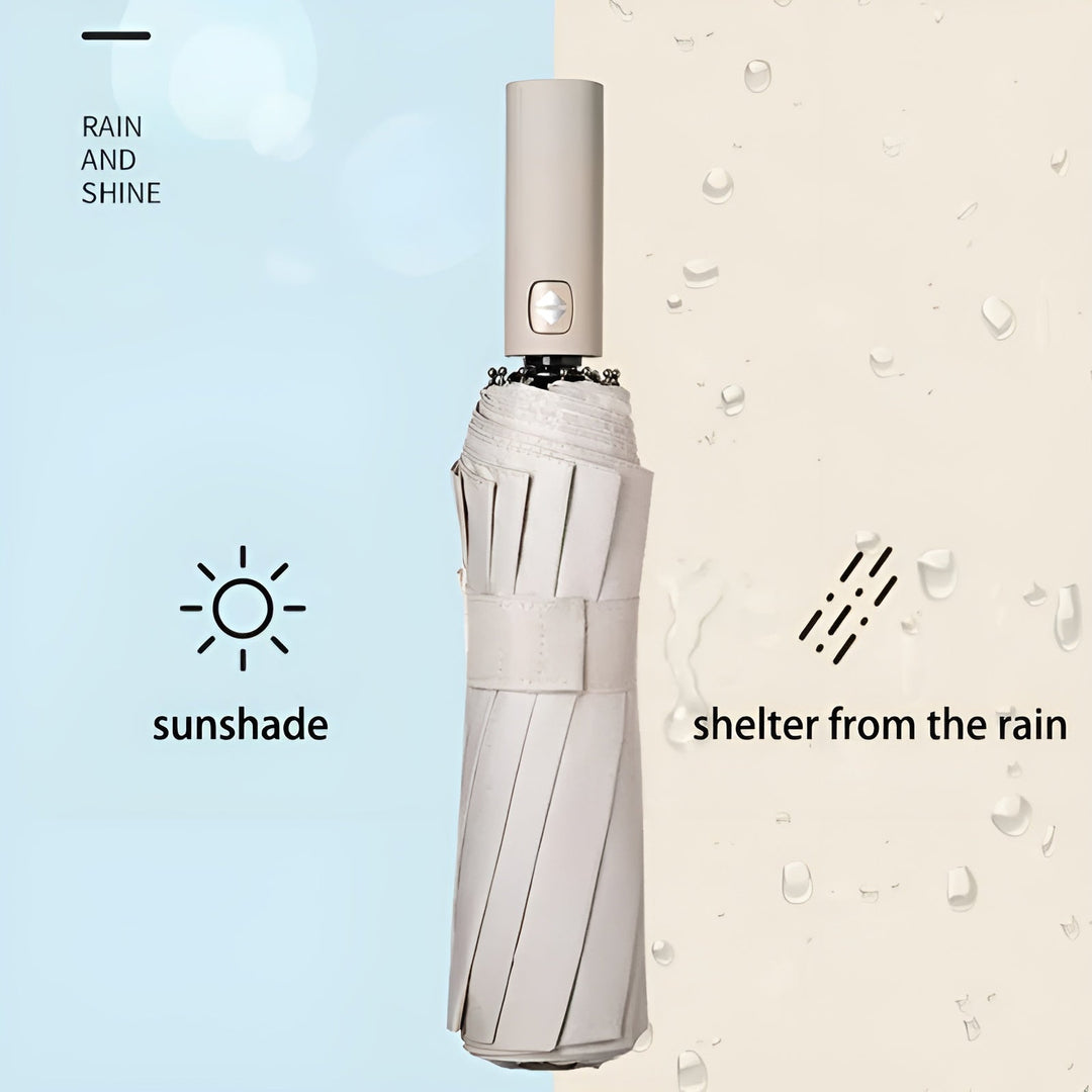 Beiger automatischer Regenschirm, kompakt, winddicht, UV-Schutz, für Regen und Sonne.