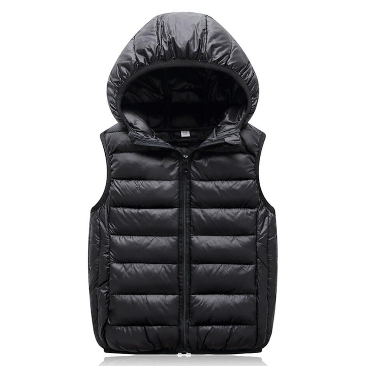 Schwarze Daunenweste mit Kapuze, ärmellos, warm, leicht, ideal für Outdoor-Aktivitäten.