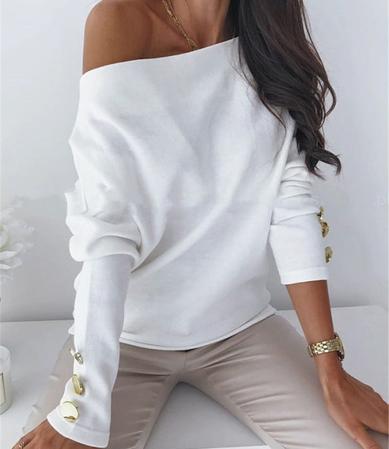Damen Pullover Weiß, schulterfrei, Langarm, Knopfdetails, elegantes Design, Freizeitmode.