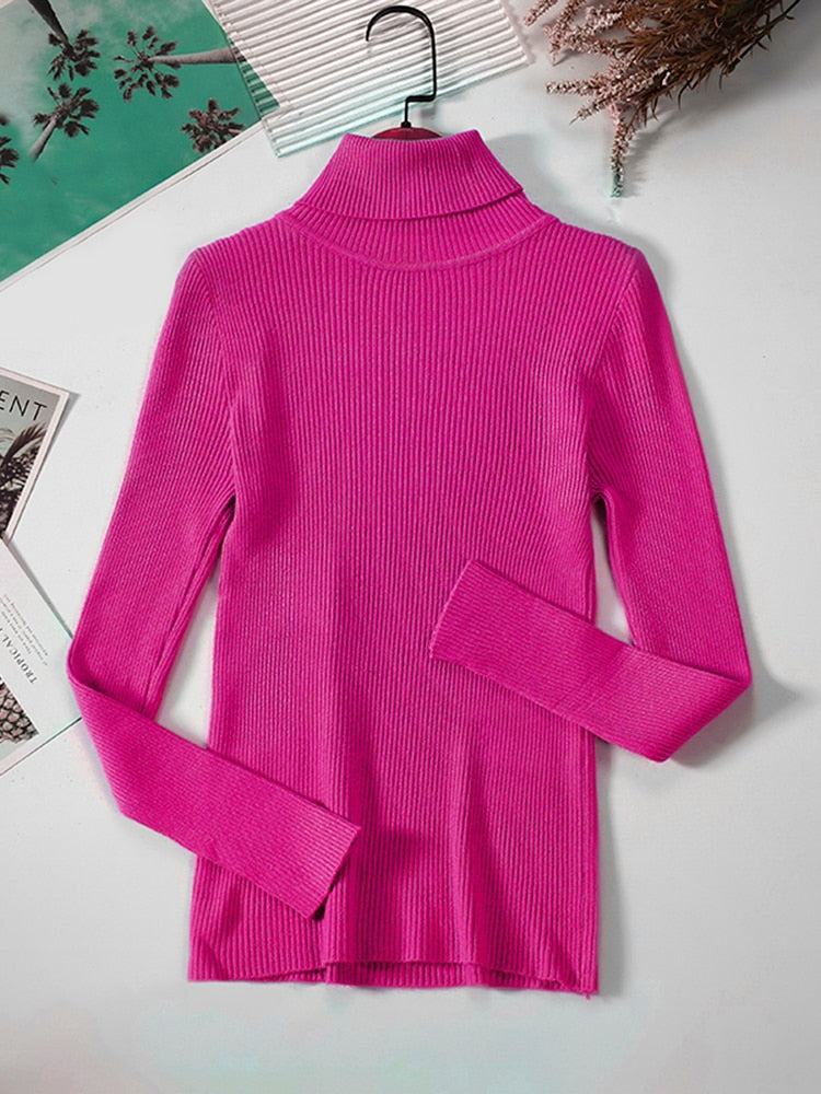 Rosa Rollkragenpullover Damen, gerippt, langarm, modisch, bequem, Herbstmode.